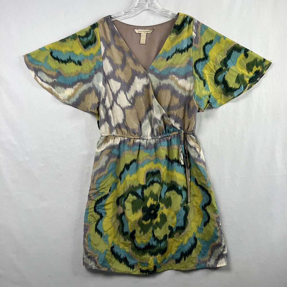 Jack & Ginger Dress Large Faux Wrap V Neck Cotton Silk Blend Colorful Coastal